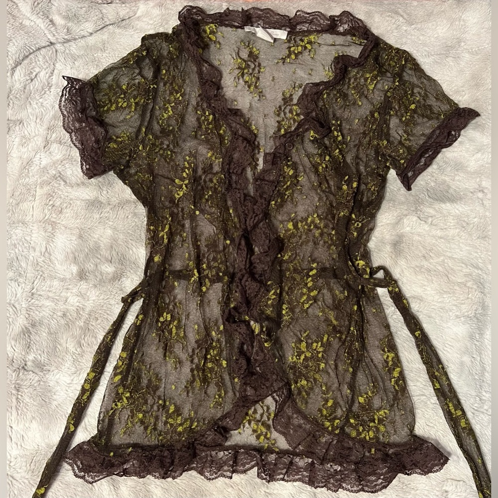 Charlotte Russe Sheer Lace Top - Brown and Green